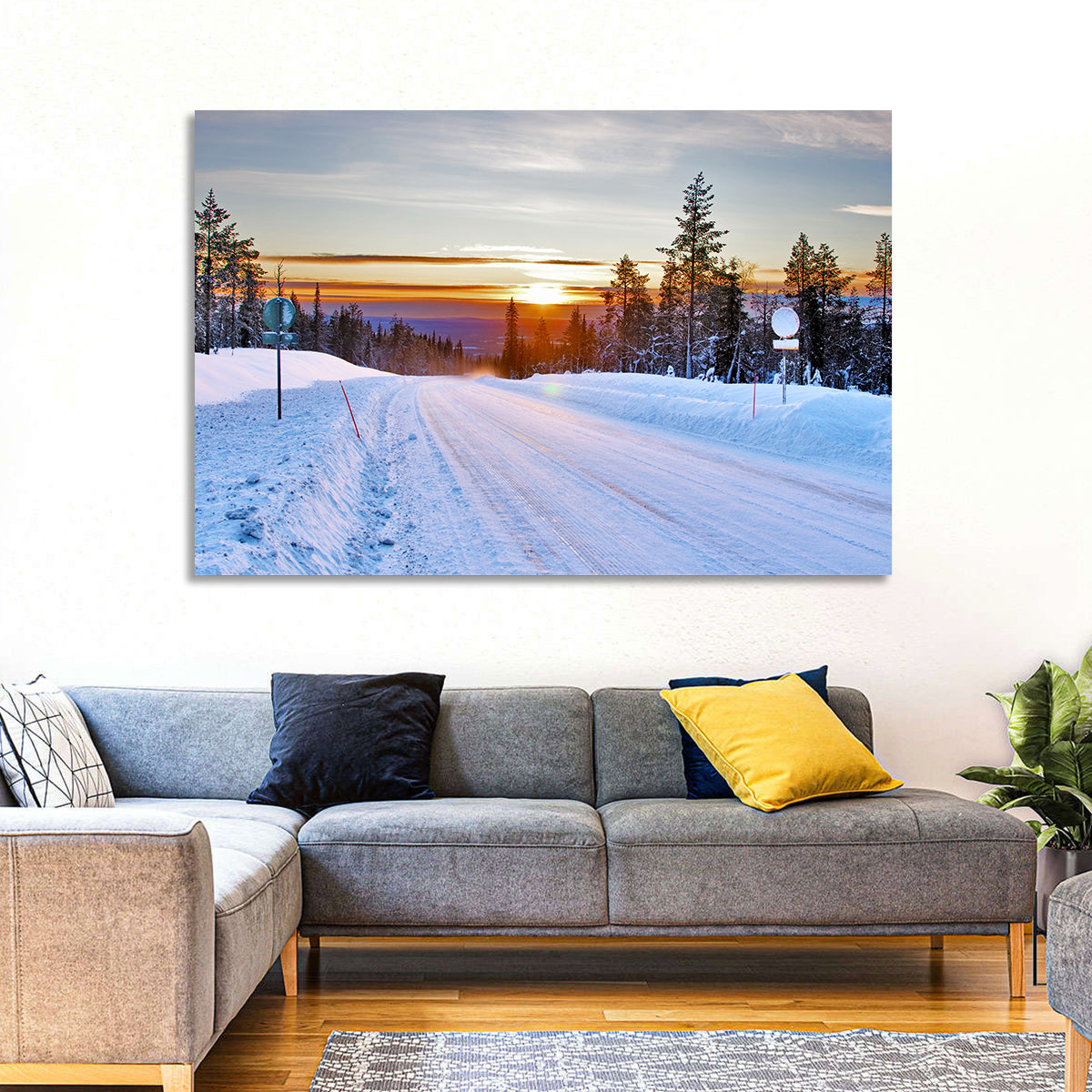 Snowy Road at Sunset Wall Art in a room, landscape