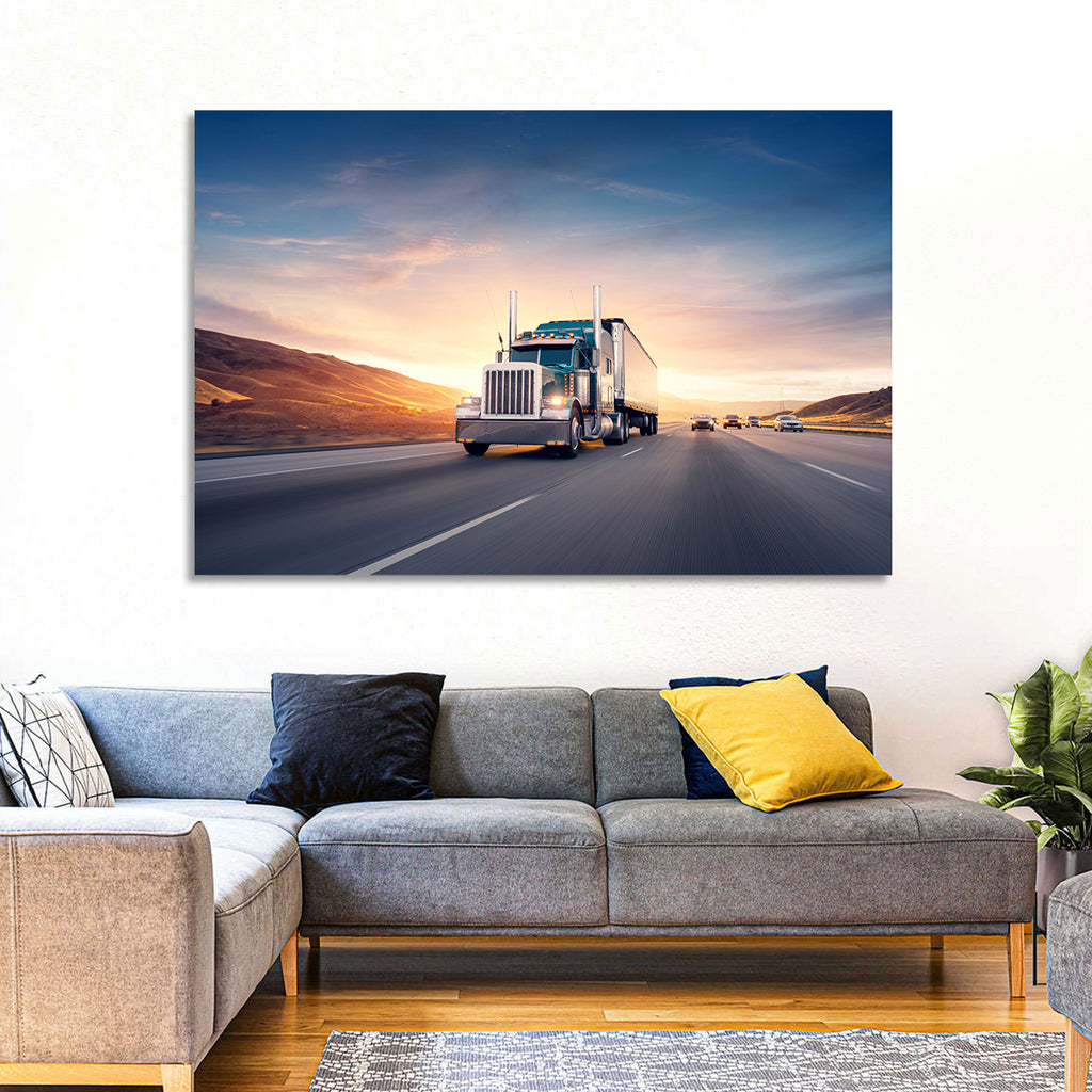 Semi Truck Highway Sunset Wall Art