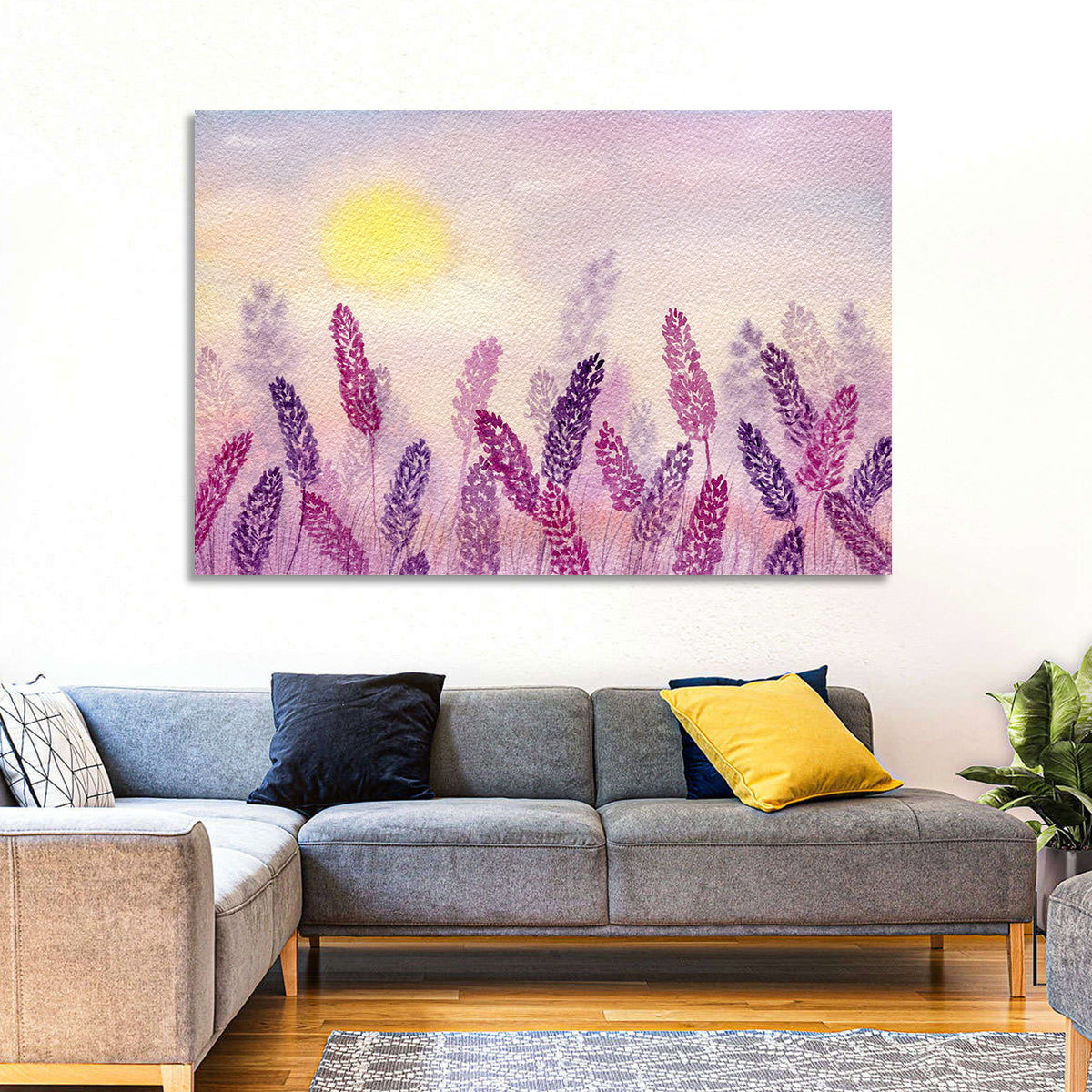 Sunlit Lavender Field Wall Art in a room, landscape