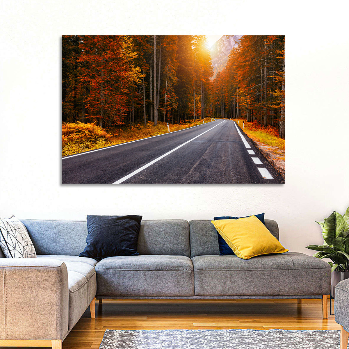 Golden Hour Forest Road Wall Art in a room, landscape