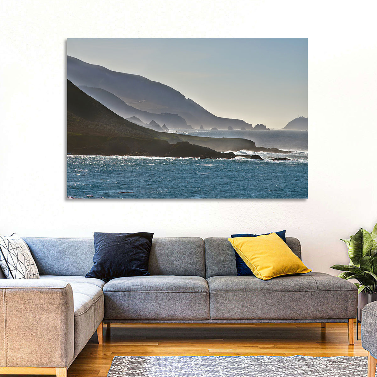 Misty Big Sur Coastline Wall Art in a room, landscape