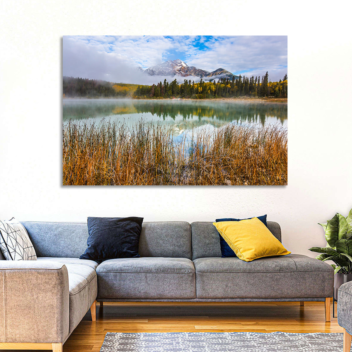 Pyramid Mountain with Golden Grasses Wall Art in a room, landscape