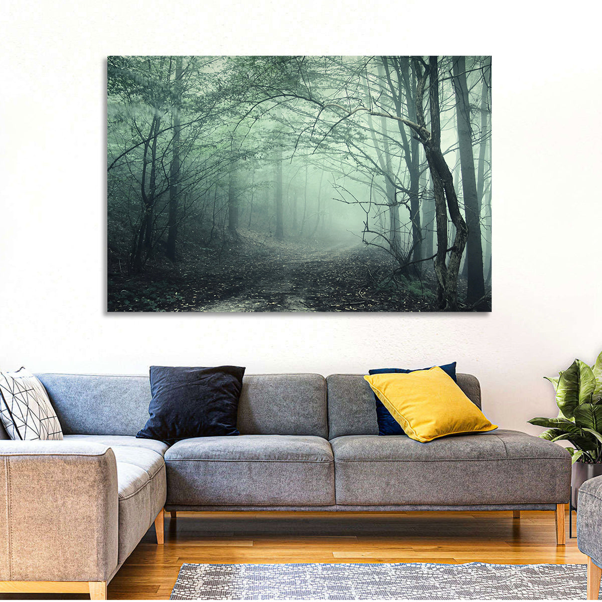 Misty Forest Path Wall Art in a room, landscape