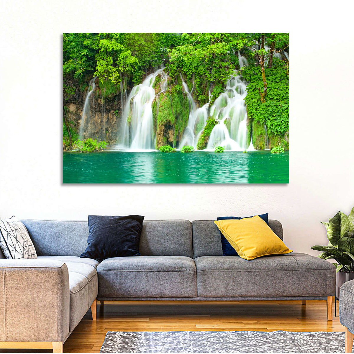 Plitvice Lakes Cascades Wall Art in a room, landscape