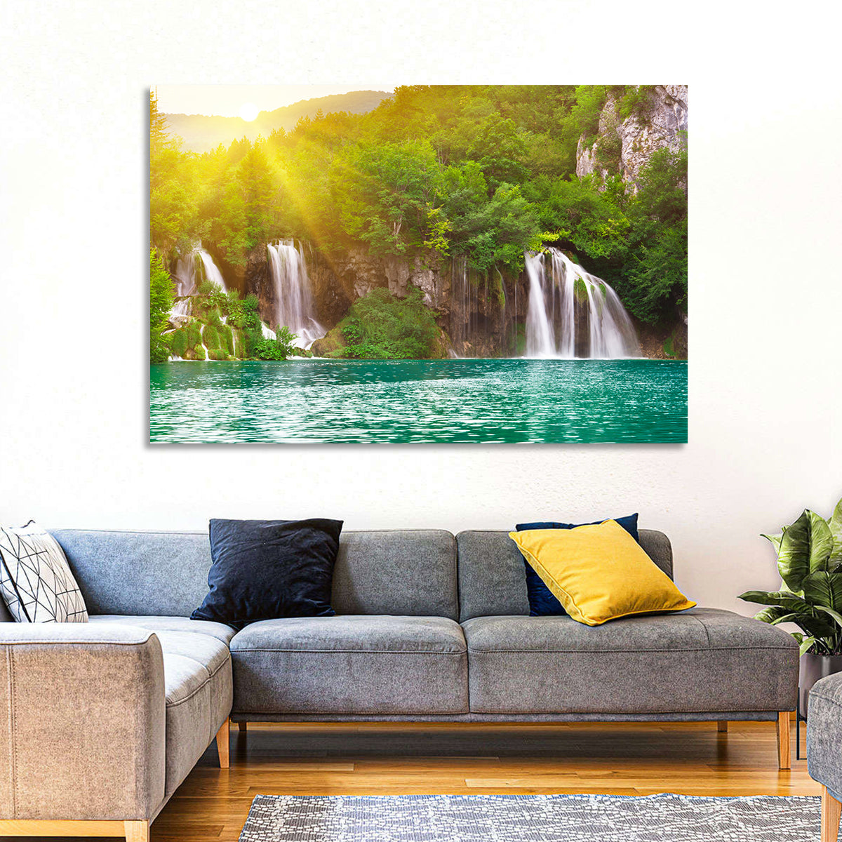 Plitvice Cascades at Sunrise Wall Art in a room, landscape