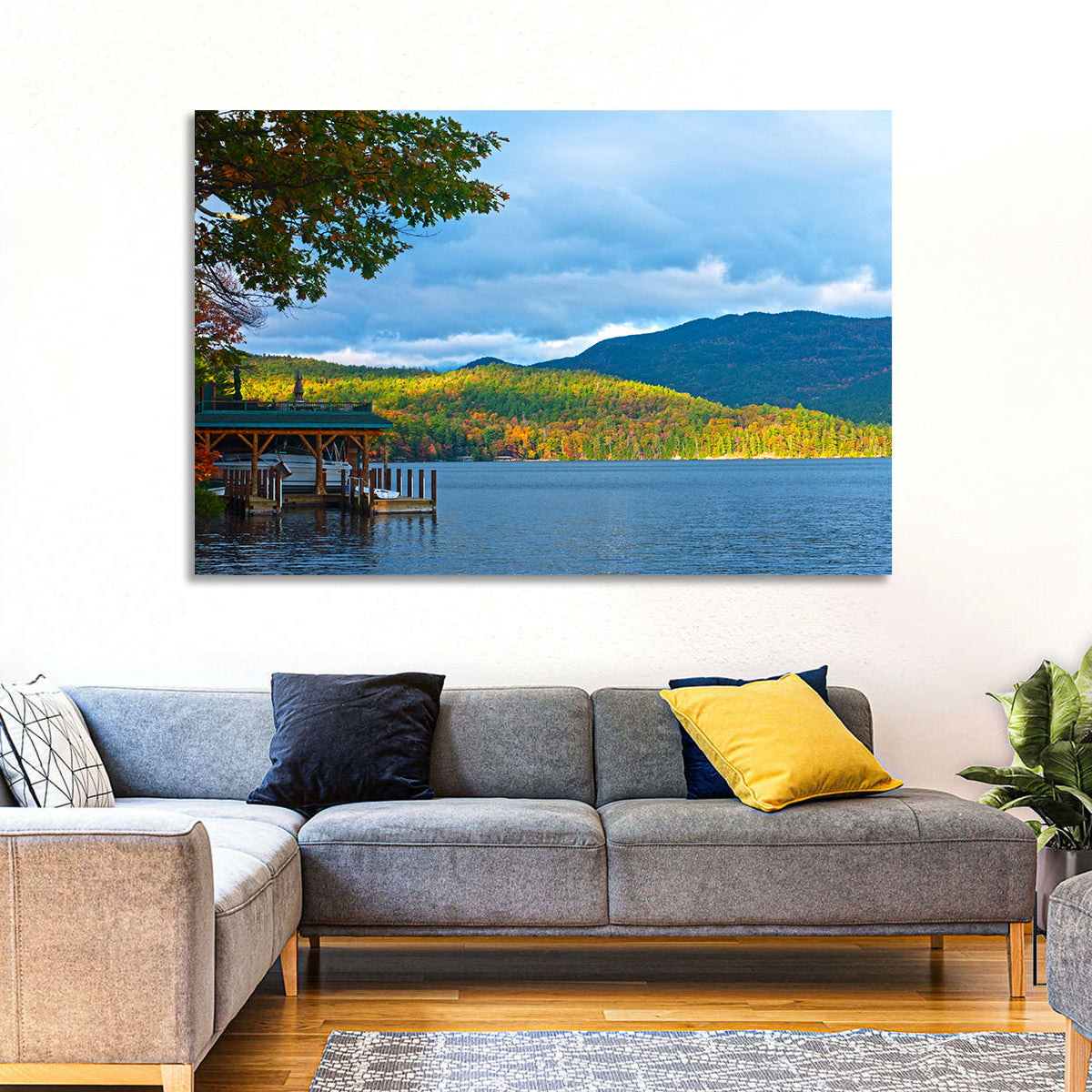 Lake George Boathouse in Autumn Wall Art in a room, landscape