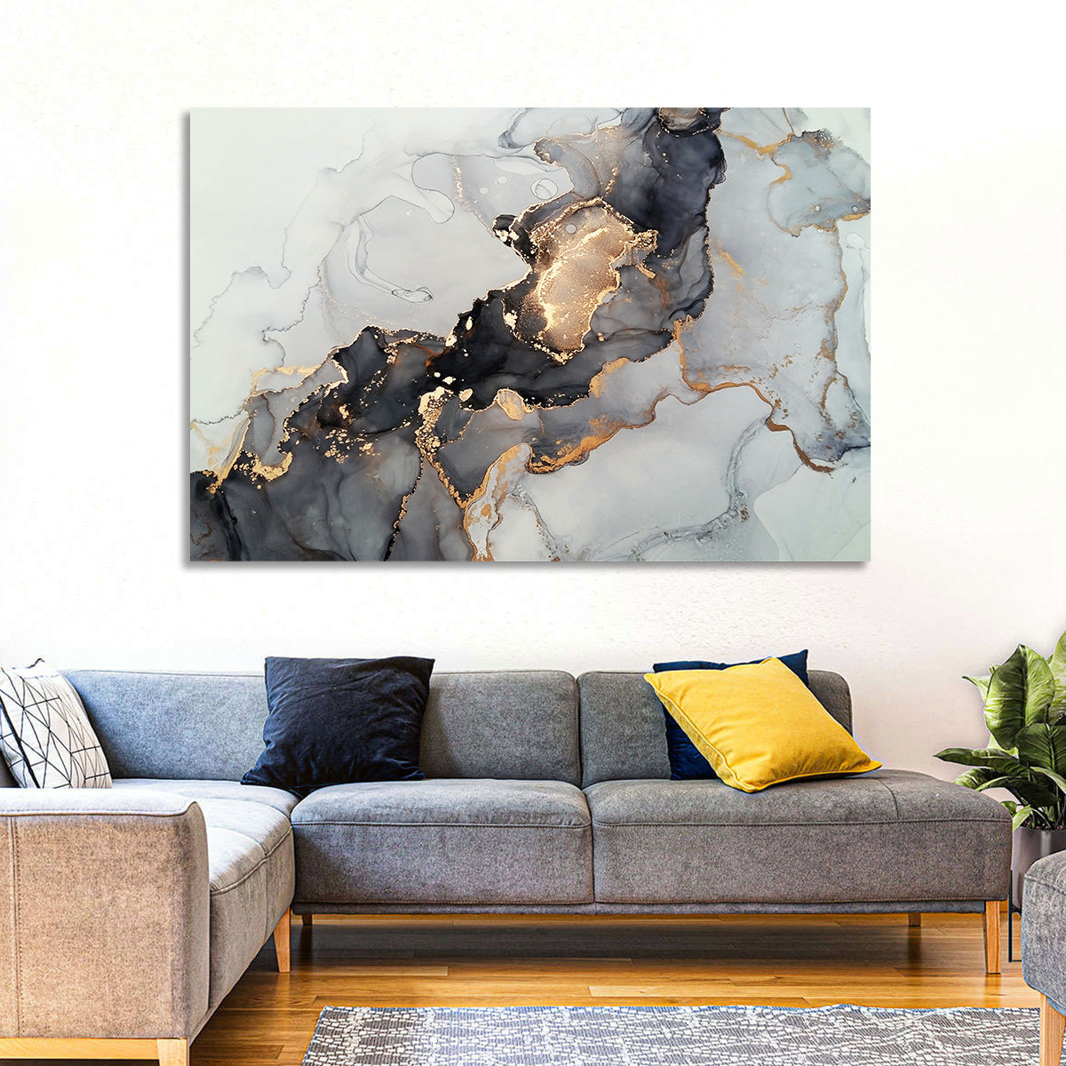 Black Fire Marble Abstract Wall Art in a room, landscape