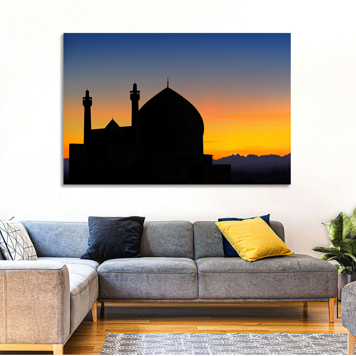 Isfahan Mosque Silhouette at Dusk Wall Art in a room, landscape