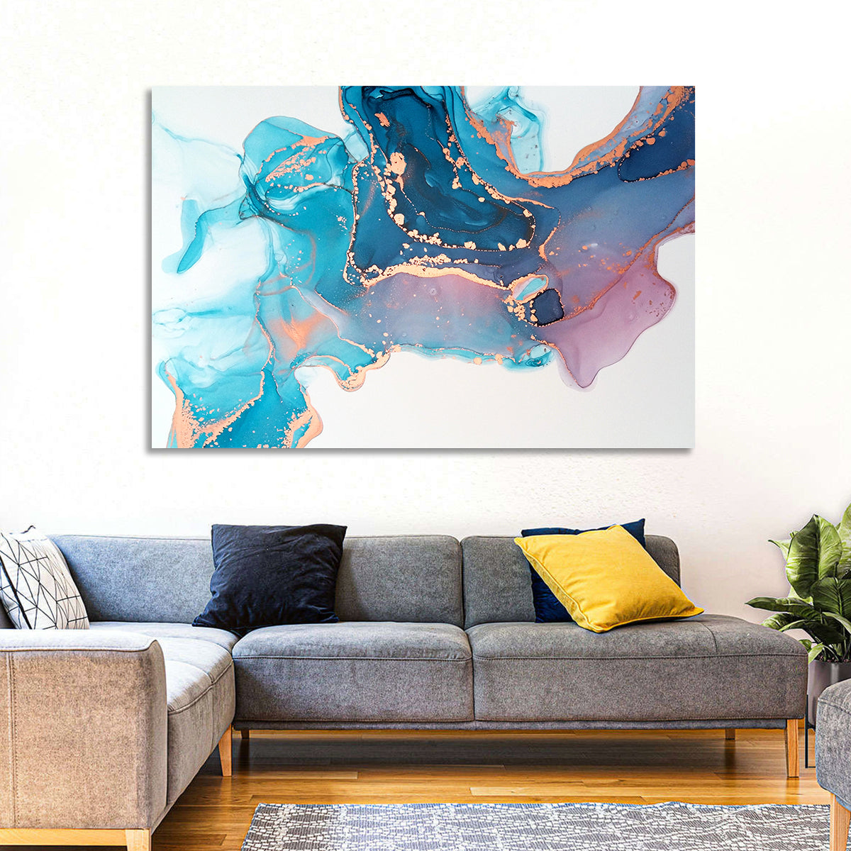 Fluid Ink with Metallic Gold Accents Wall Art in a room, landscape