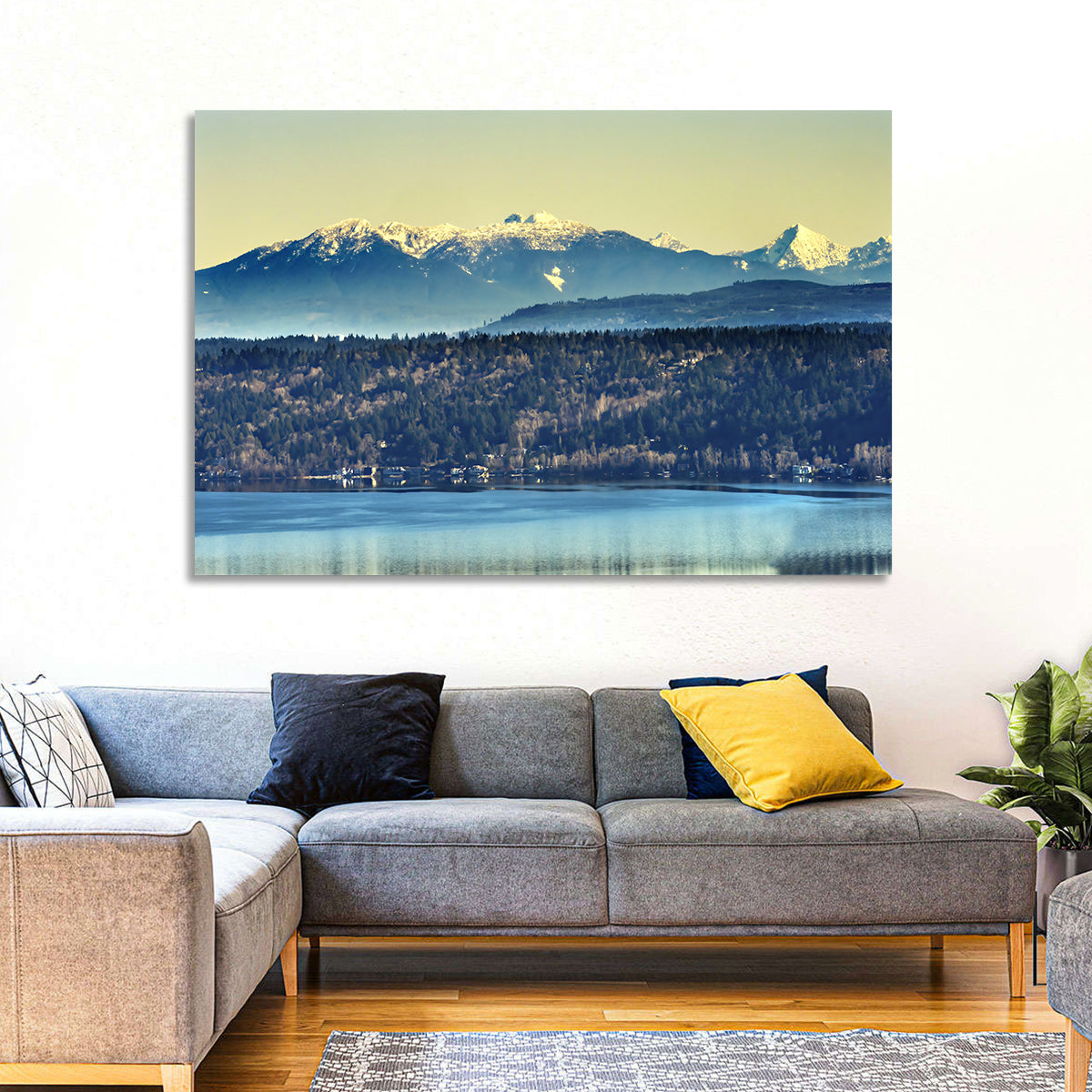 Lake Sammamish Reflection Wall Art in a room, landscape