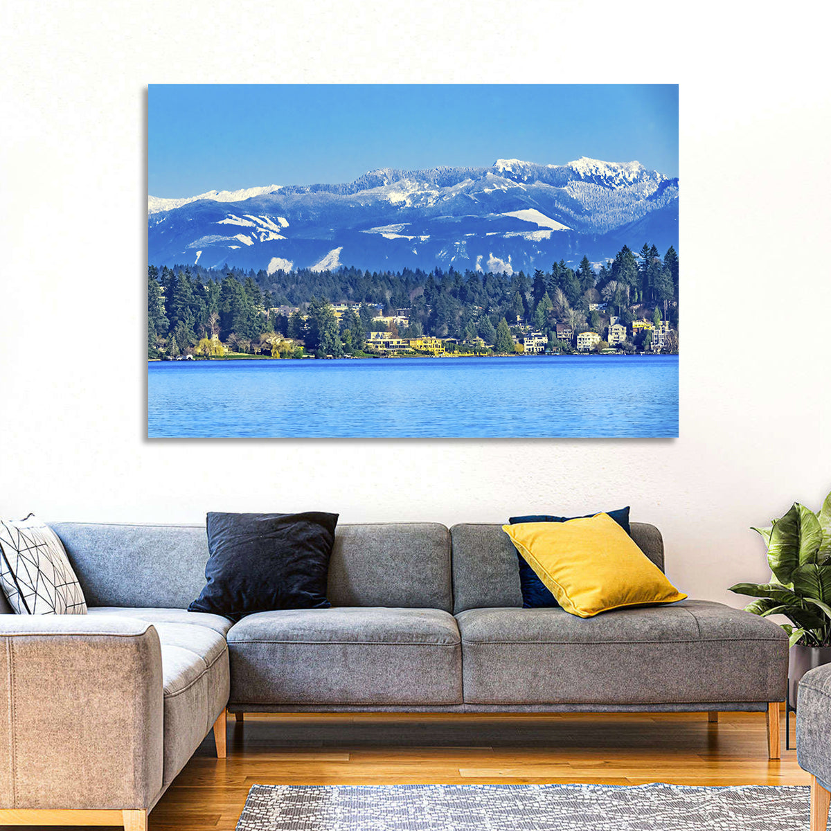 Lake Washington Snow-capped Peaks Wall Art in a room, landscape