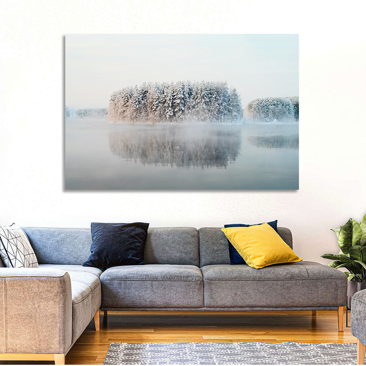Misty Karelia Lake Wall Art in a room, landscape