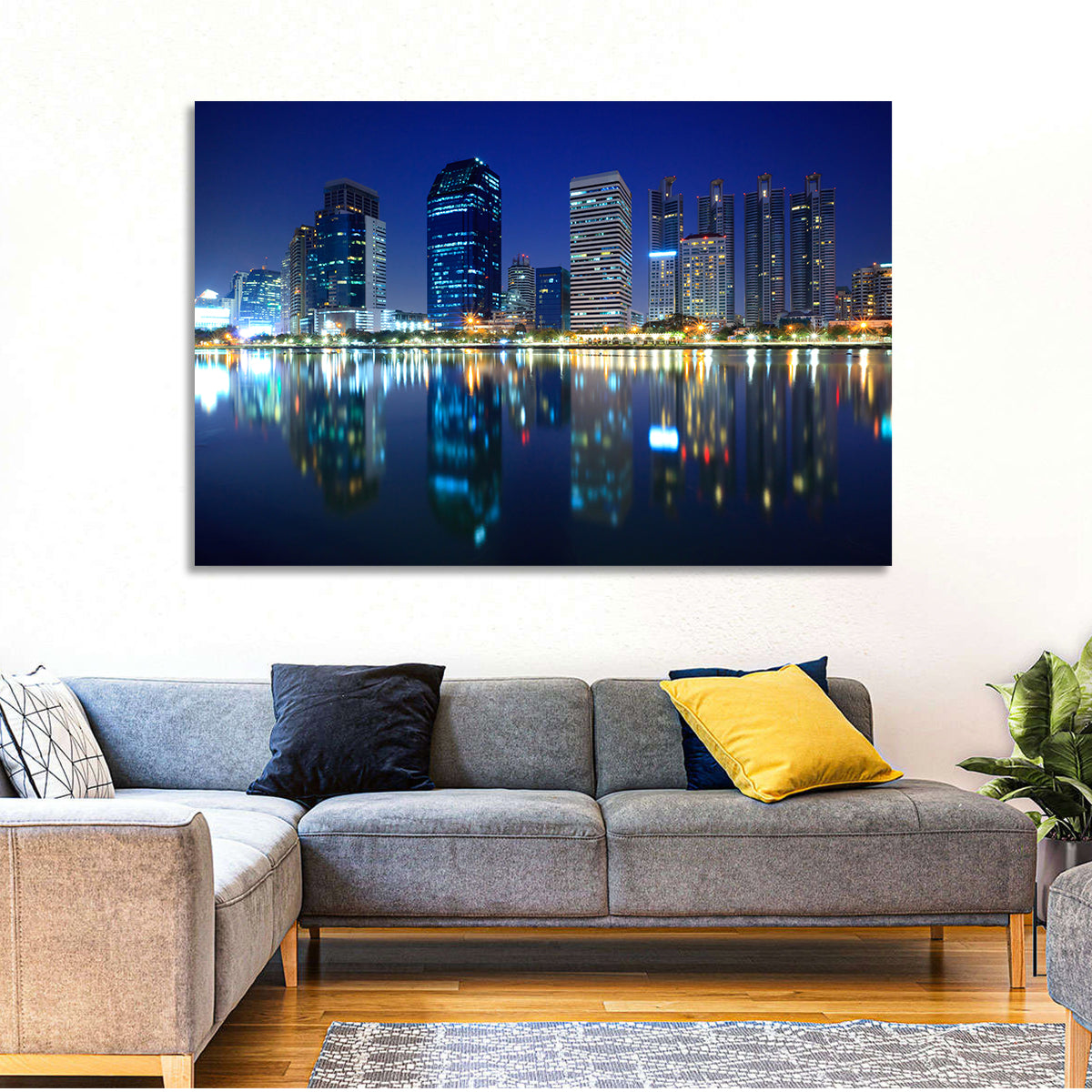 Benjakitti Park Night Skyline Wall Art in a room, landscape