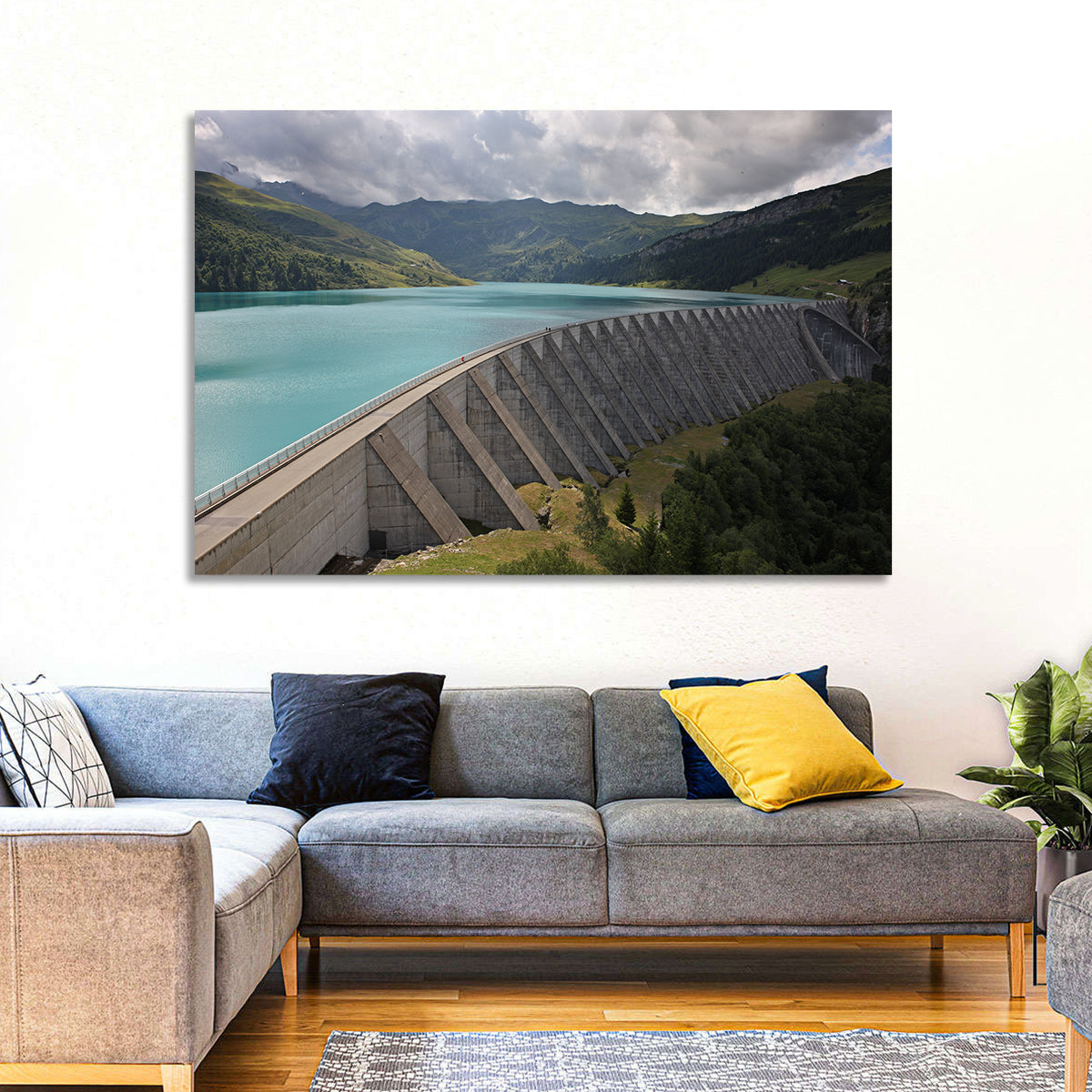 Curved Dam on Turquoise Lake Wall Art in a room, landscape