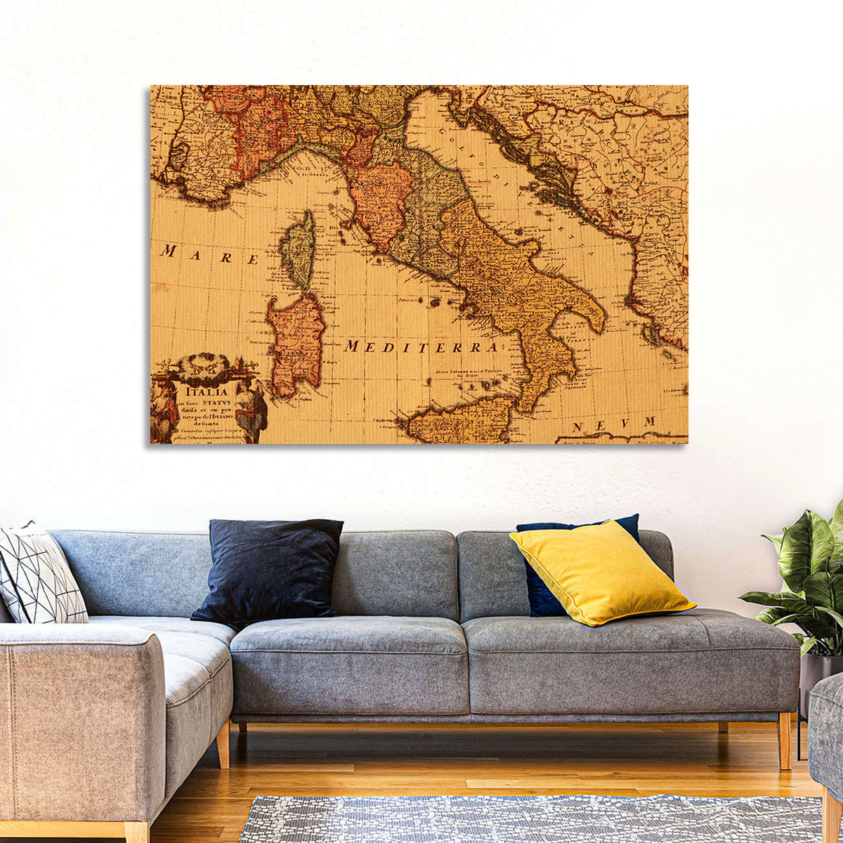 Antique Map of Italy with Ornate Cartouche Wall Art