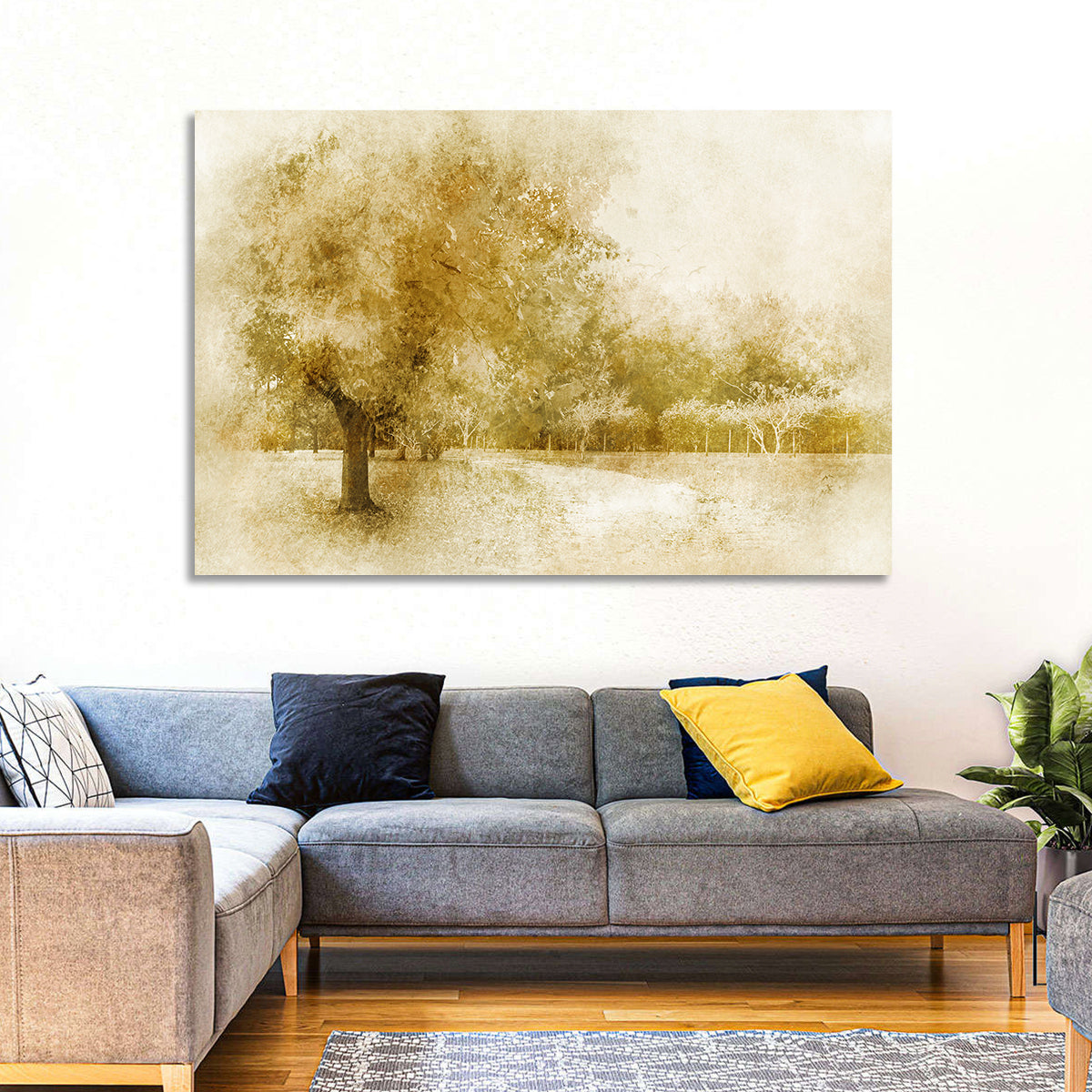 Sepia Orchard Pathway Wall Art in a room, landscape