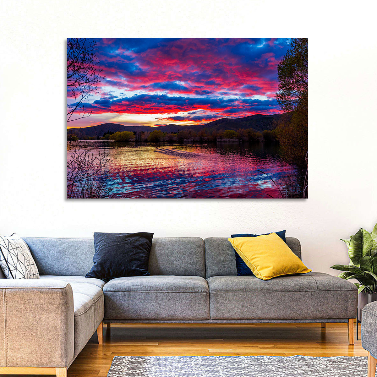 Lake Wairepo Arm Sunrise Reflection Wall Art in a room, landscape