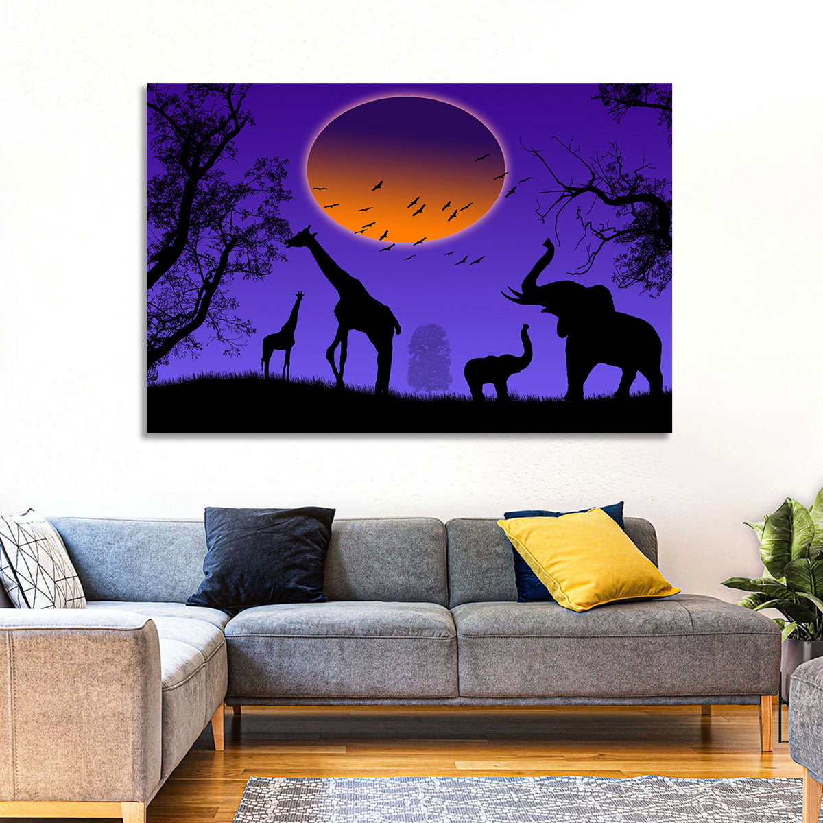 Sunset Savannah Silhouette Wall Art in a room, landscape