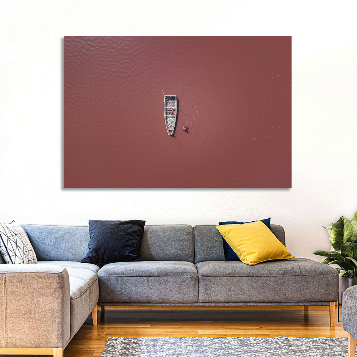 Lake Retba Aerial with Boat Wall Art in a room, landscape