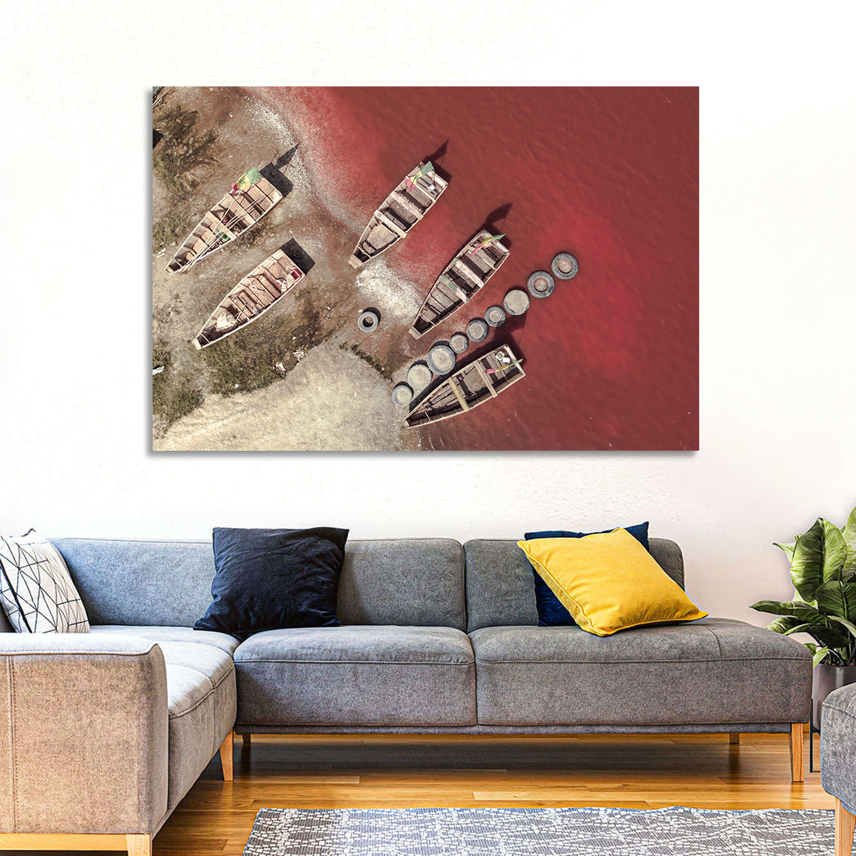 Wooden Boats on Lake Retba Wall Art in a room, landscape