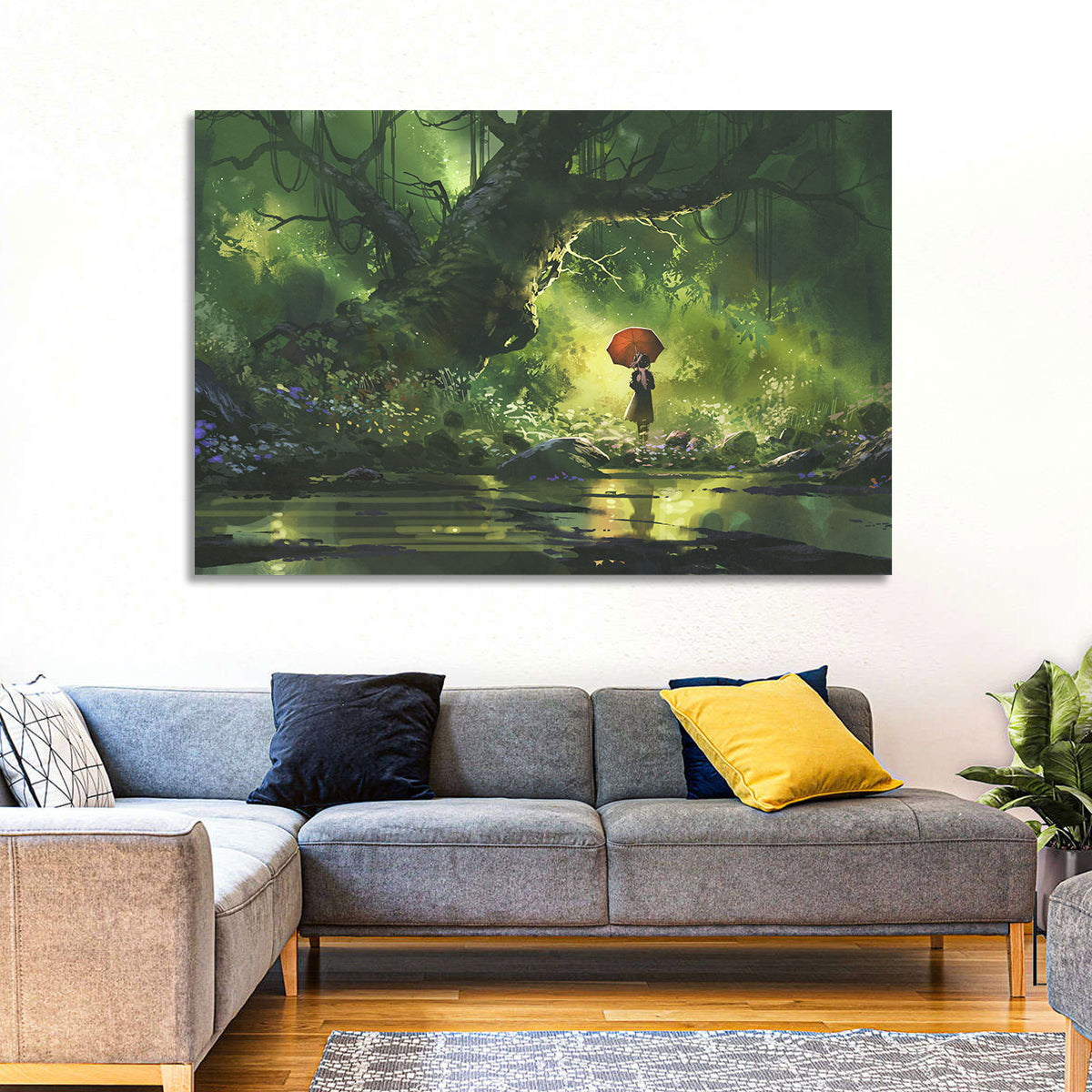 Girl with Umbrella in Mysterious Forest Wall Art in a room, landscape
