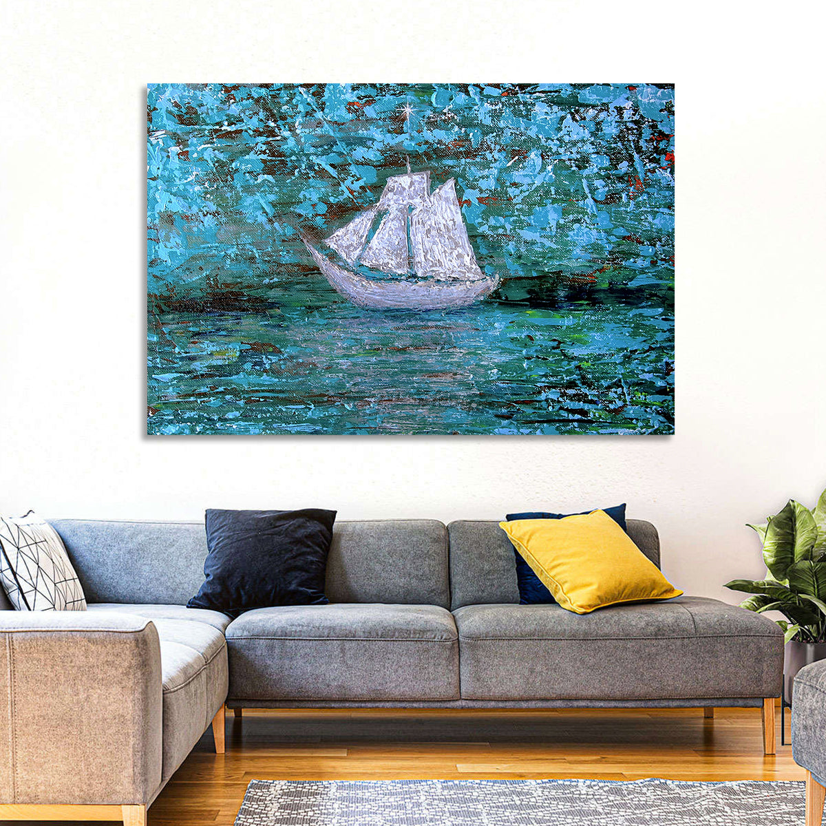 White Sailboat Reflection Wall Art in a room, landscape