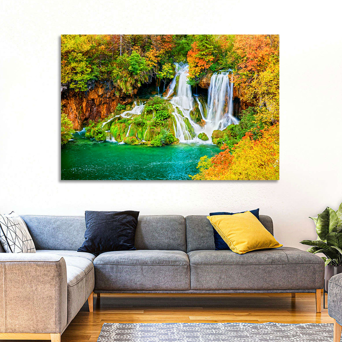 Plitvička Jezera Autumn Falls Wall Art in a room, landscape