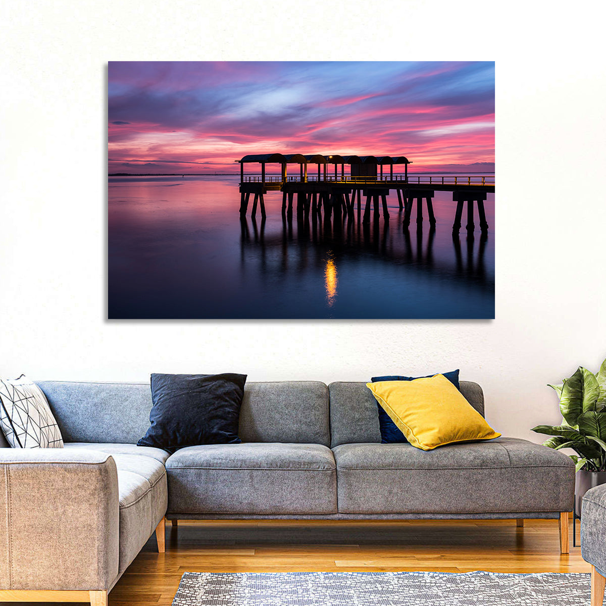 Jekyll Island Dusk Pier Wall Art in a room, landscape