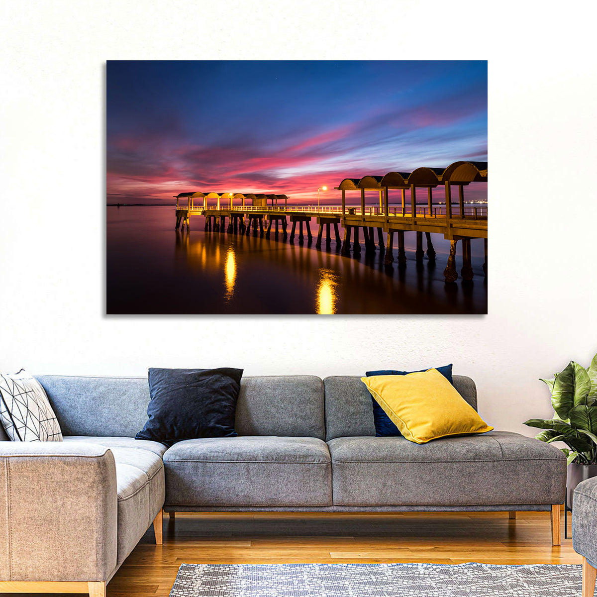 Twilight on Jekyll Island Pier Wall Art in a room, landscape
