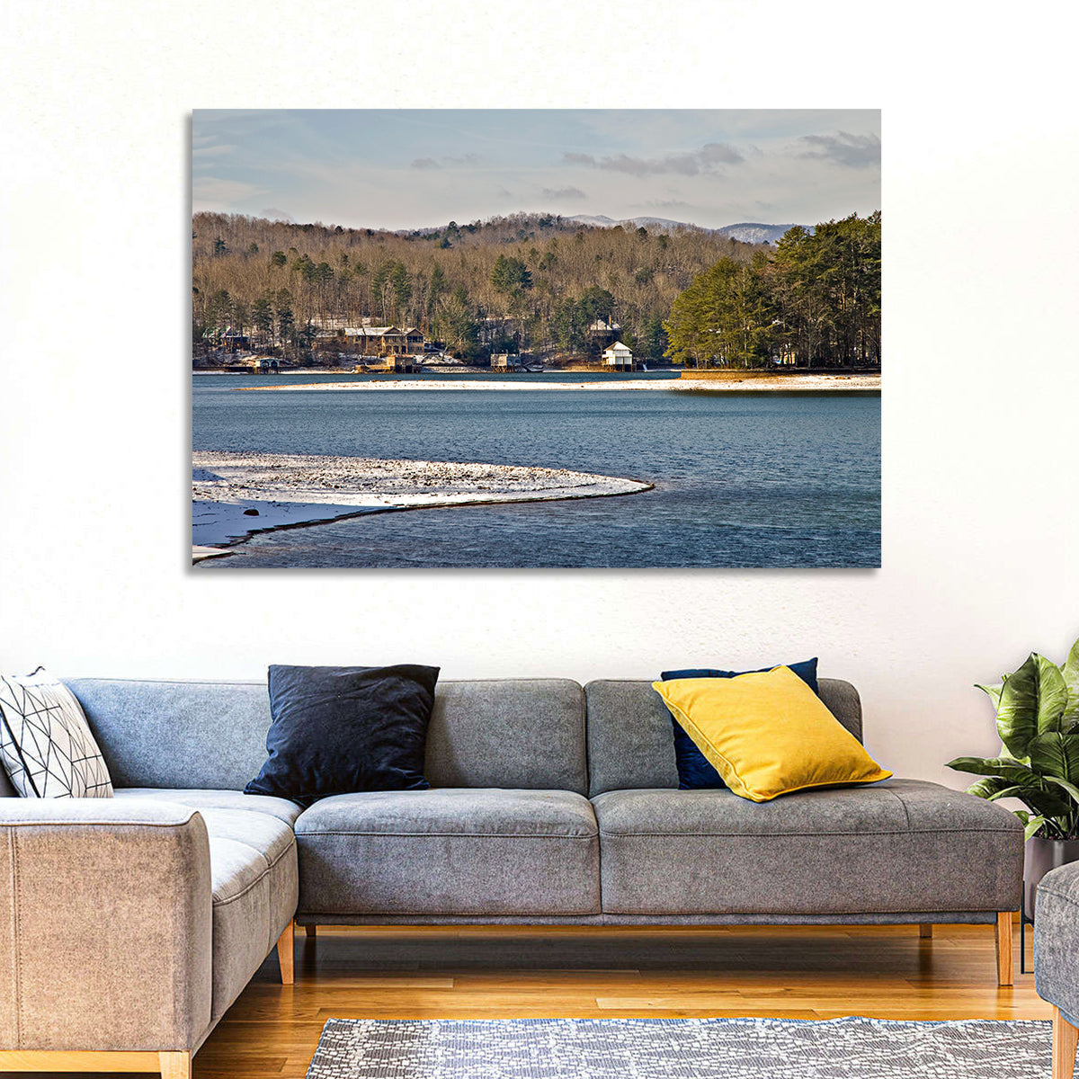 Lake Burton Winter Shoreline Wall Art in a room, landscape