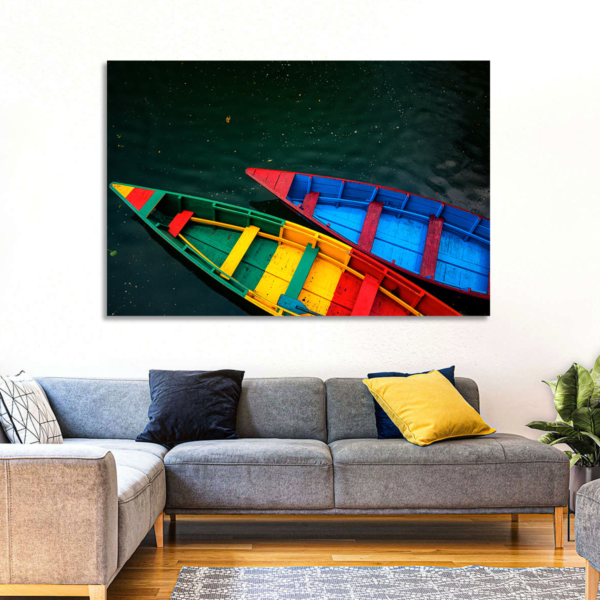 Two Colorful Boats Over Rippling Water Wall Art