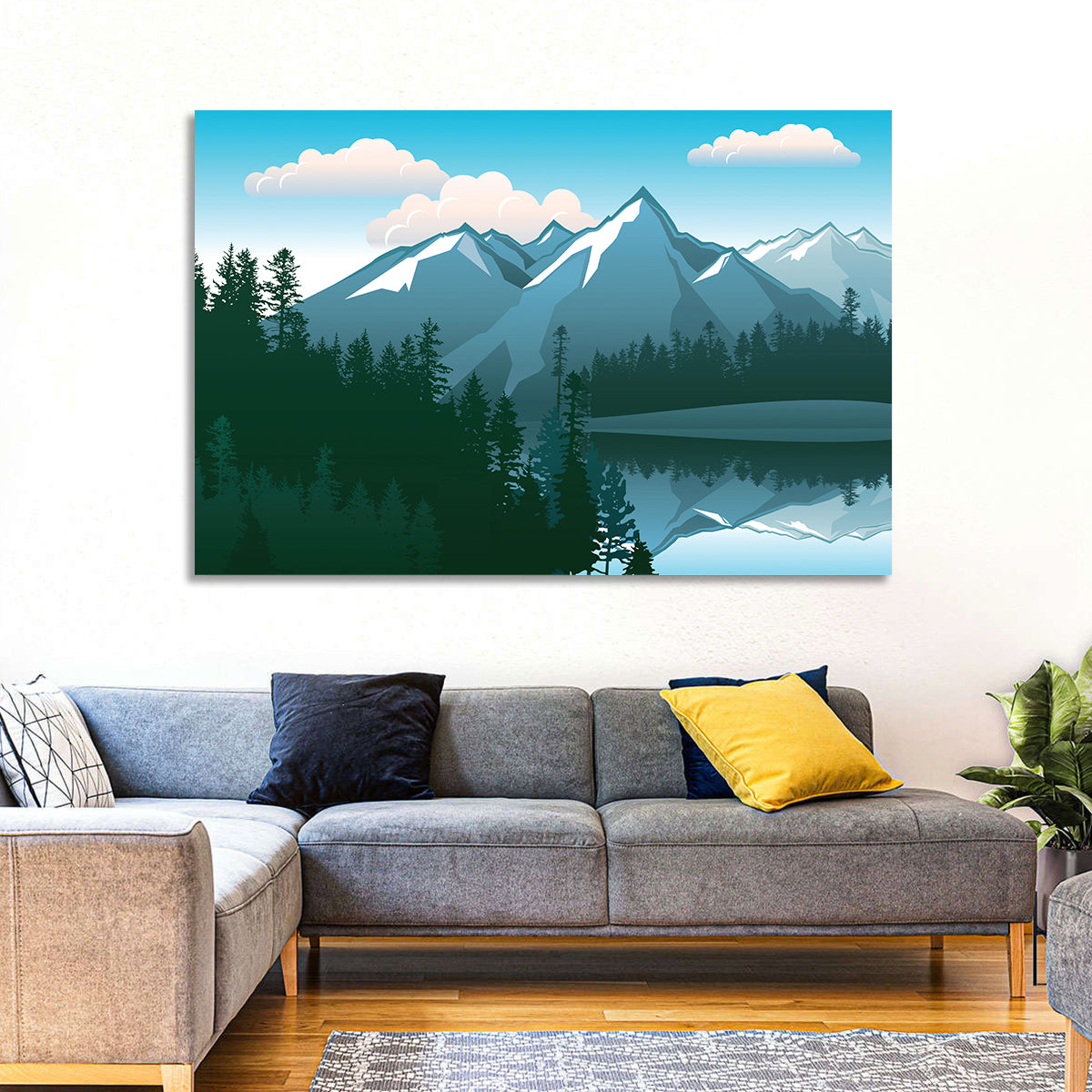 Tranquil Mountain Lake Illustration Wall Art in a room, landscape