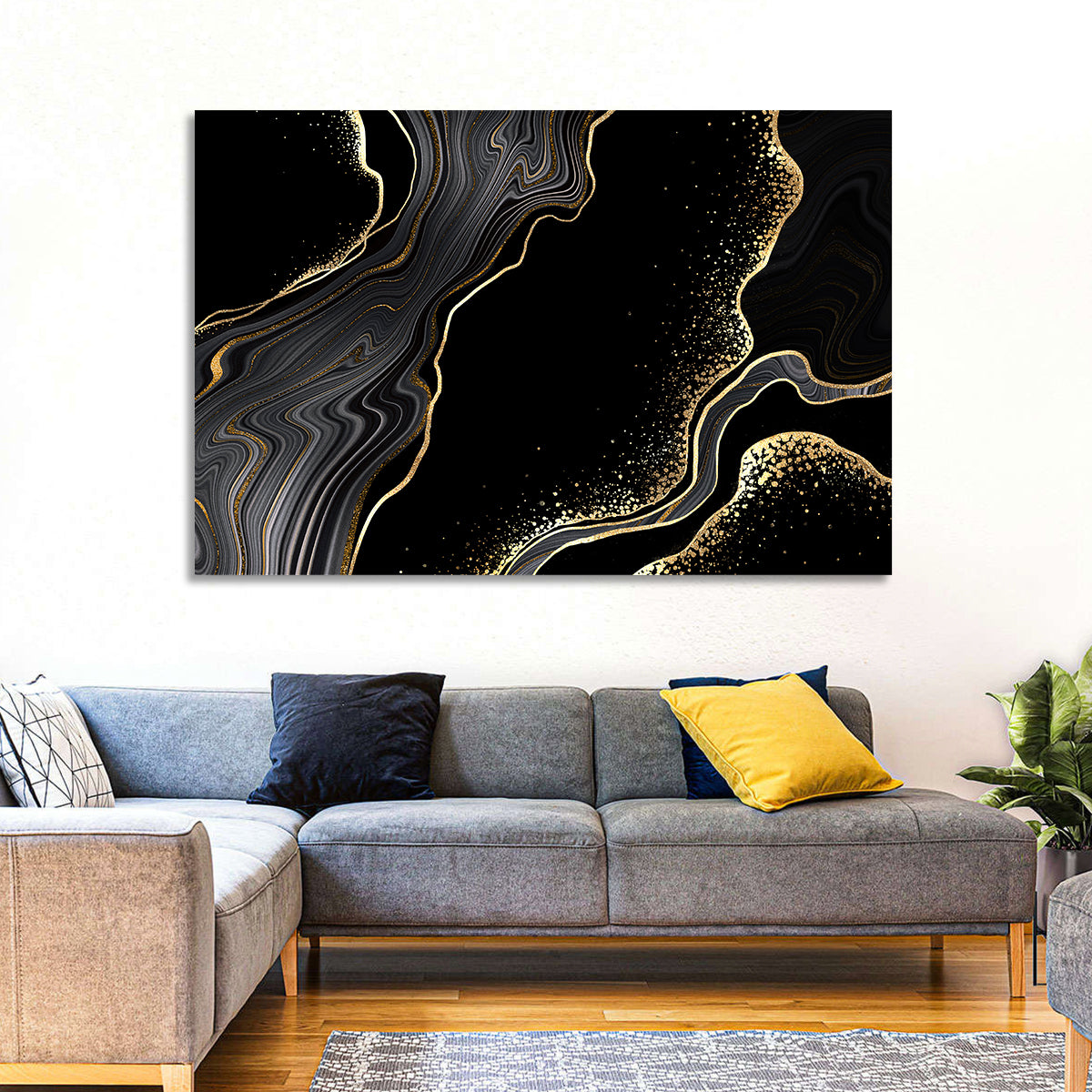 Black Marble with Gold Veins Wall Art in a room, landscape