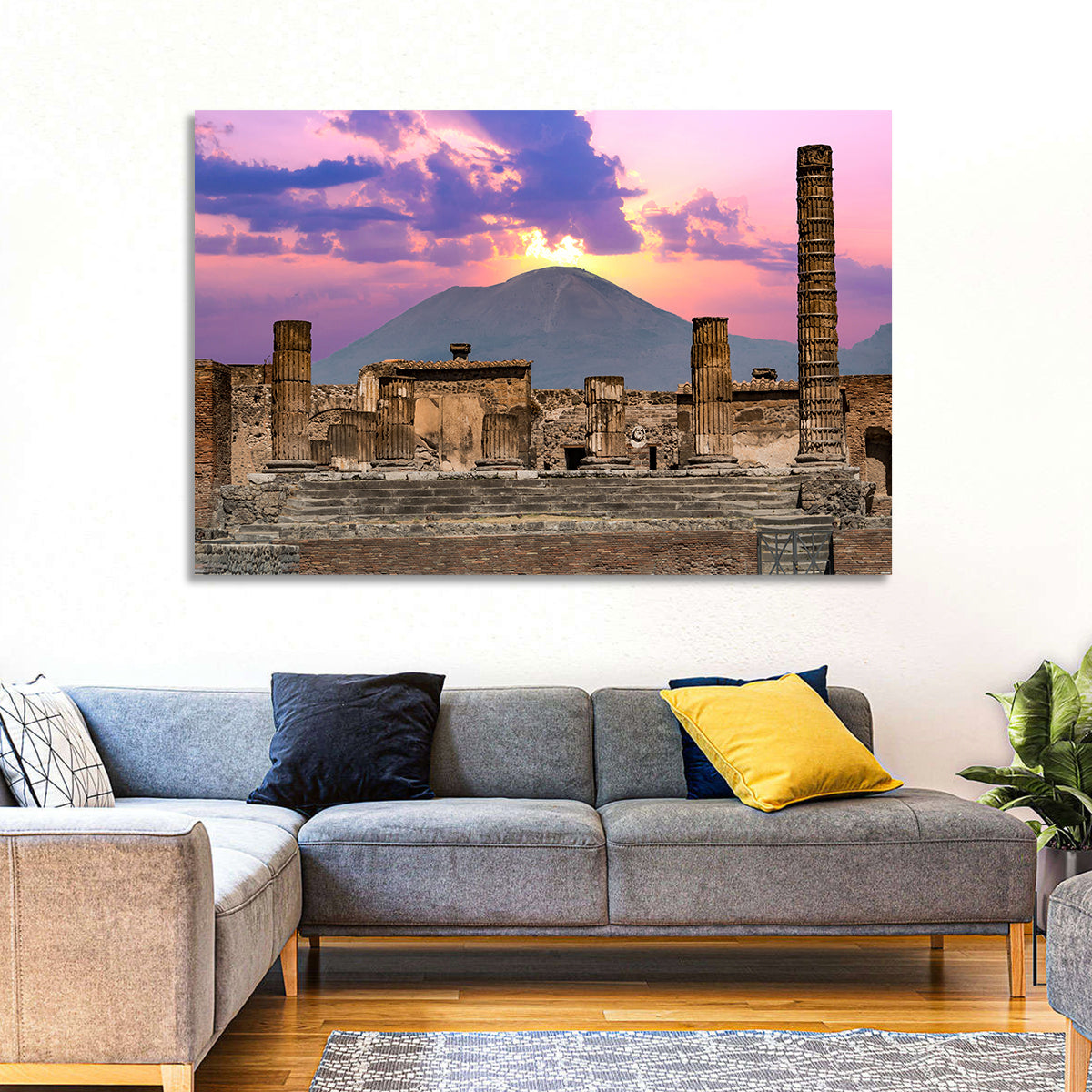 Pompeii Columns at Sunset, Mount Vesuvius Wall Art in a room, landscape