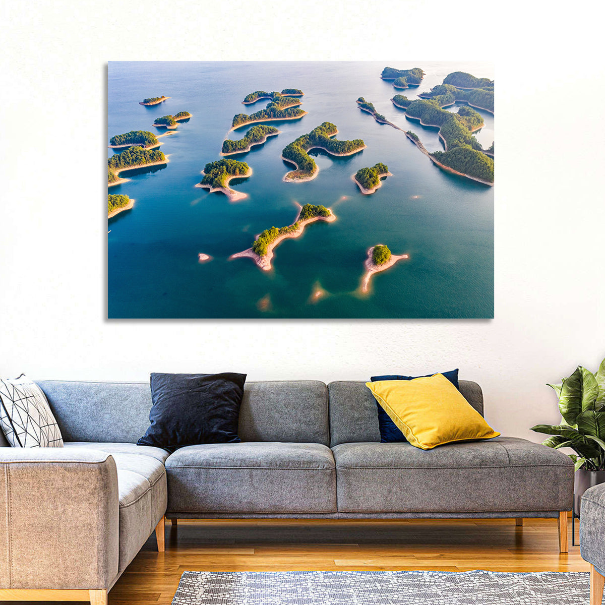Qiandao Lake Aerial View Wall Art in a room, landscape