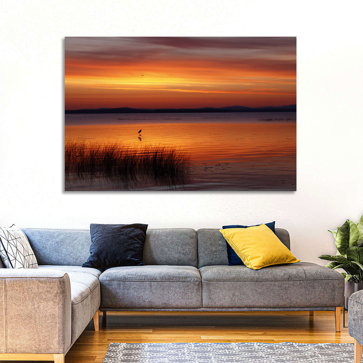 Lake Champlain Sunrise with Heron Wall Art in a room, landscape