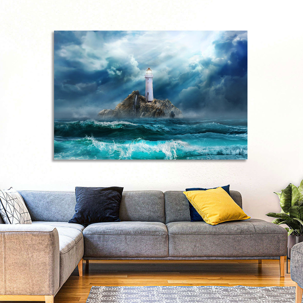 Rocky Island Lighthouse Wall Art in a room, landscape