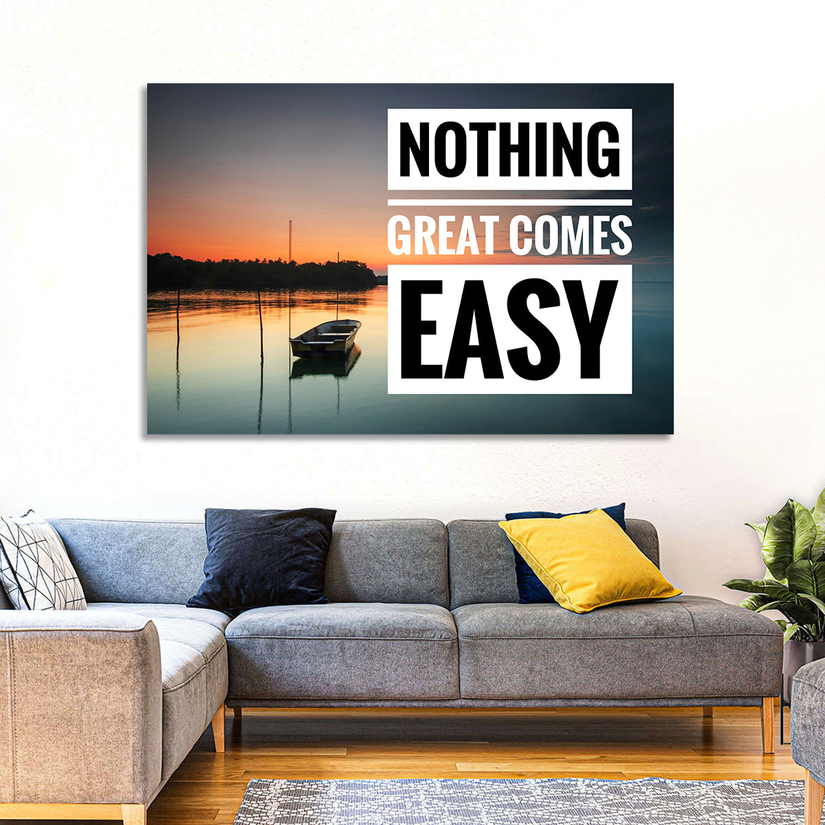 Nothing Great Comes Easy, Boat at Sunrise Wall Art in a room, landscape