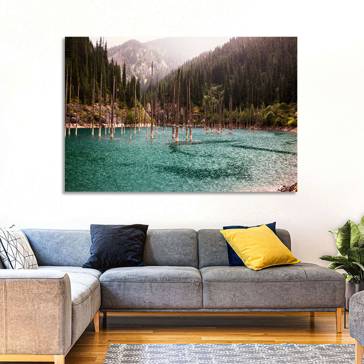 Kaindy Lake Submerged Spruces Wall Art in a room, landscape