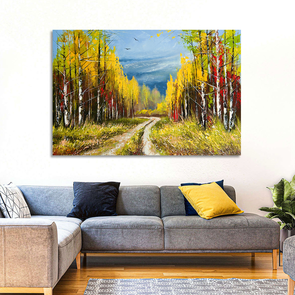 Autumn Birch Path with Two Birds Wall Art in a room, landscape
