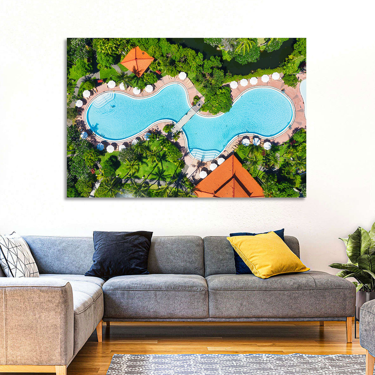 Aerial Figure Eight Resort Pool Wall Art in a room, landscape