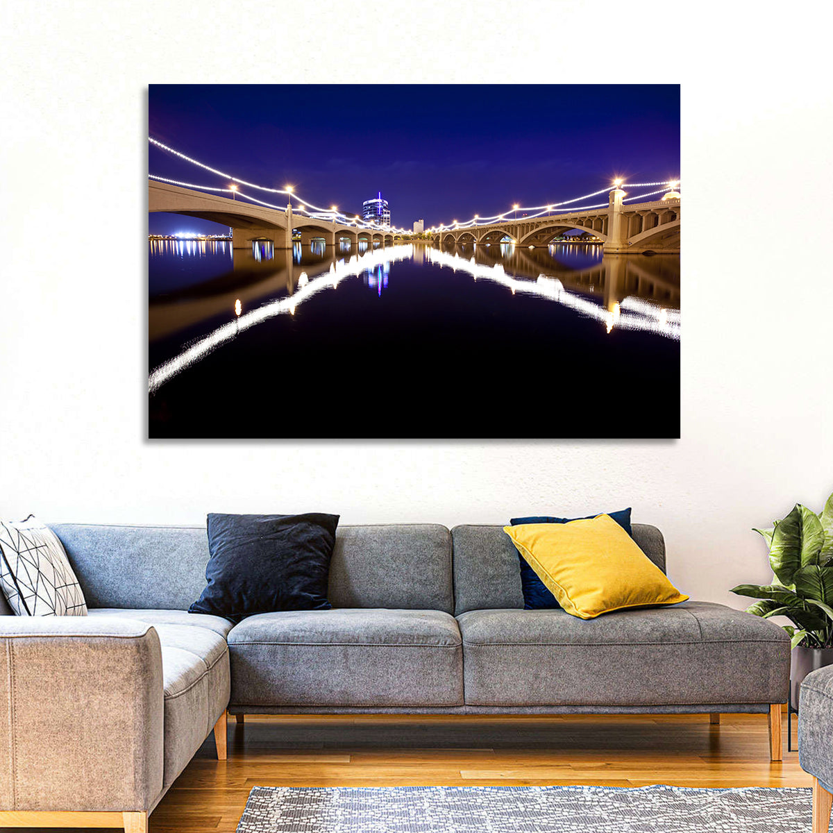 Mill Avenue Bridge Night Reflections Wall Art in a room, landscape