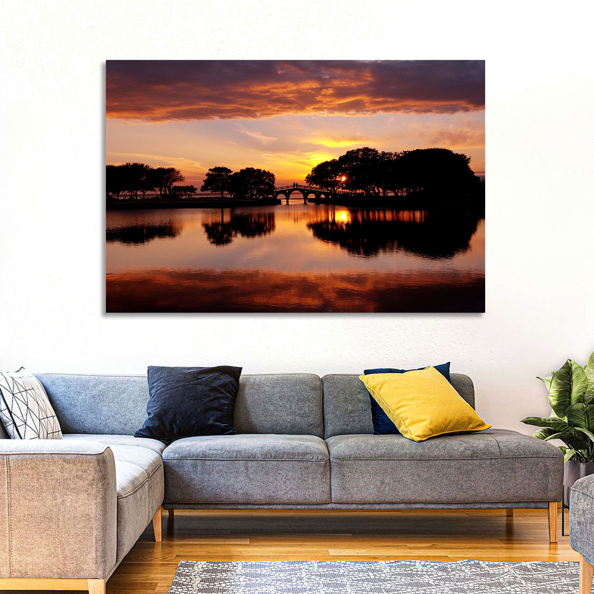 Tranquility Bridge at Sunset Wall Art in a room, landscape