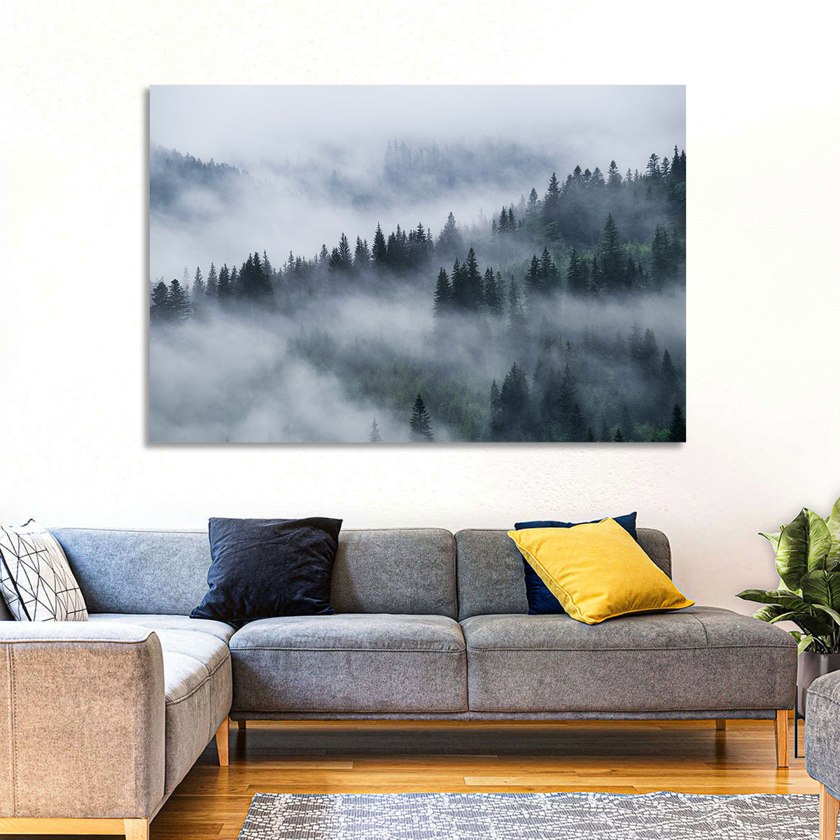 Misty Mountain Pine Forest Wall Art in a room, landscape