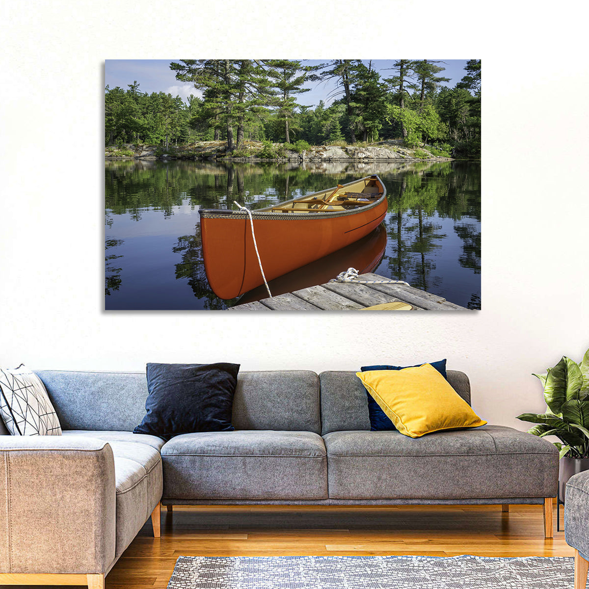 Orange Canoe on Ontario Lake Wall Art in a room, landscape