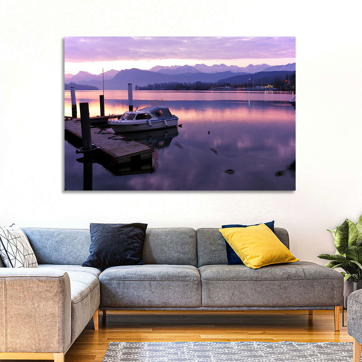Lake Lucerne Pier at Dusk Wall Art in a room, landscape