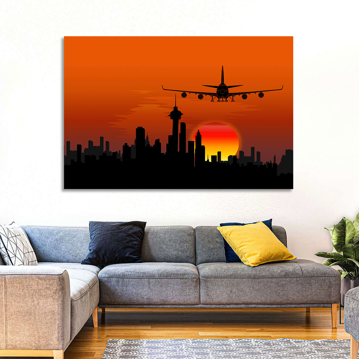 Approaching Jet Over Sunset Skyline Wall Art in a room, landscape