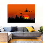 Approaching Jet Over Sunset Skyline Wall Art