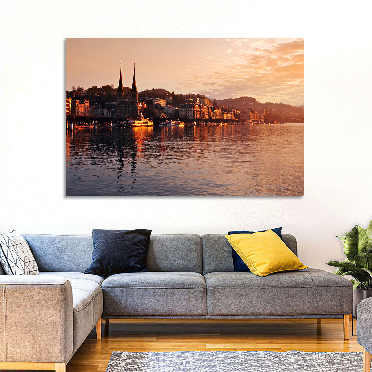Lucerne Lake Sunset Skyline Wall Art in a room, landscape