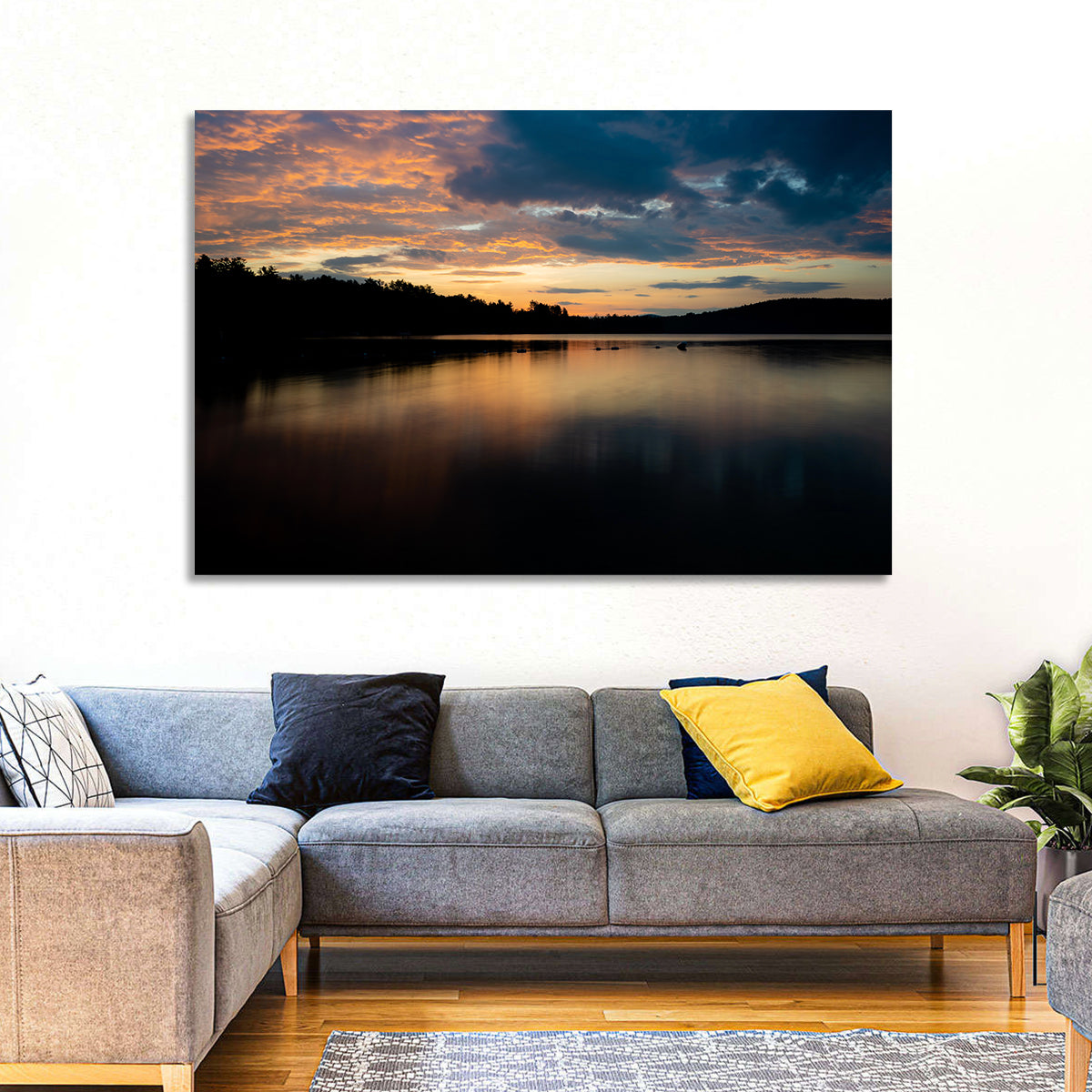 Lake Squam Sunrise Reflection Wall Art in a room, landscape